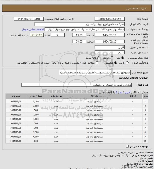 استعلام انواع فیوز لینک طیق لیست پیوست(مطابق با شرایط و مشخصات فنی)
