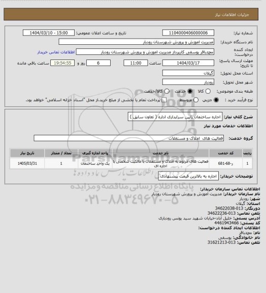 استعلام اجاره ساختمان پایین سرایداری اداره ( تعاون سابق )