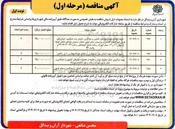 مناقصه خرید آسفالت جهت بلوارهای کشاورز و معزالدین.......