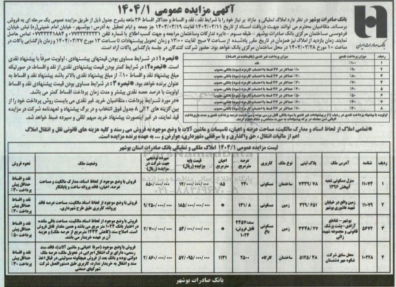 مزایده فروش املاک تملیکی و مازاد