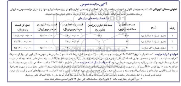مزایده فروش تعدادی از واحدهای تجاری 