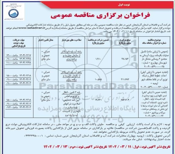  مناقصه عمومی تکمیل عملیات باقیمانده پروژه آبرسانی به مجتمع 6 روستایی................