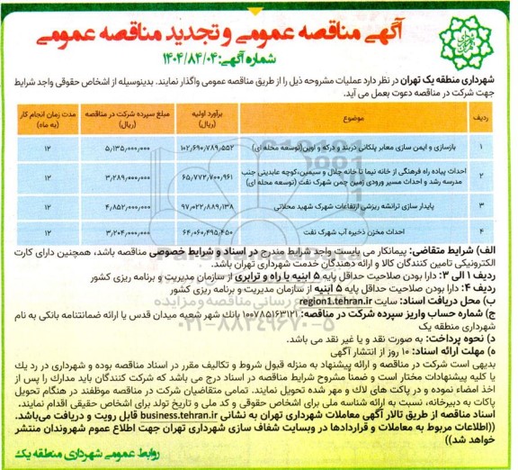 مناقصه بازسازی و ایمن سازی معابر پلکانی و...