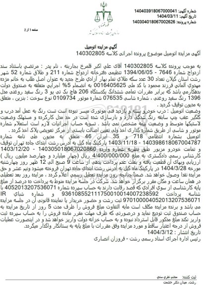 مزایده فروش یک دستگاه 206 هاچ بک تی یو 3 رنگ سفید مدل 1396