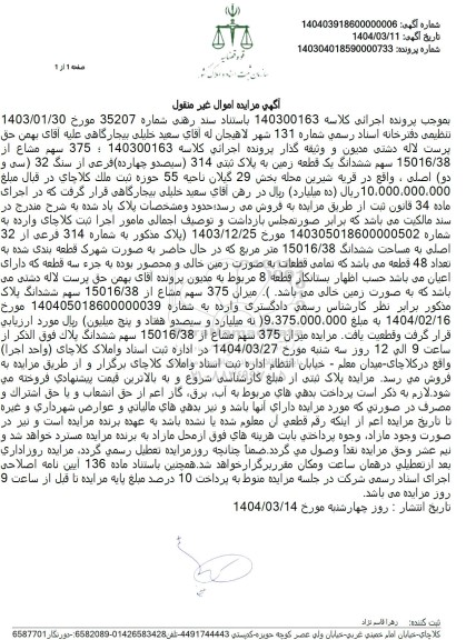 مزایده ششدانگ یک قطعه زمین 