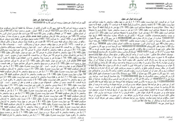 مزایده ششدانگ یک قطعه آپارتمان مسکونی پلاک ثبتی 102723 فرعی