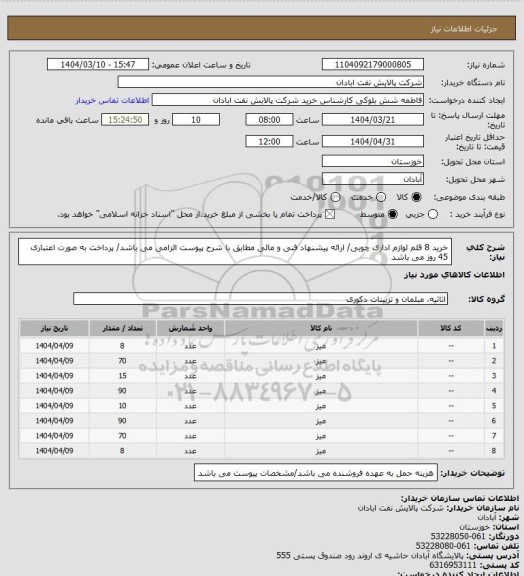 استعلام خرید 8 قلم لوازم اداری چوبی/ ارائه پیشنهاد فنی و مالی مطابق با شرح پیوست الزامی می باشد/ پرداخت به صورت اعتباری 45 روز می باشد
