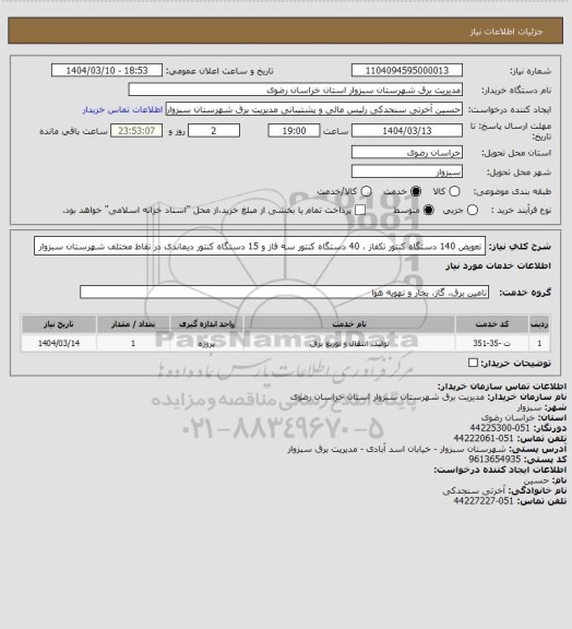 استعلام تعویض 140 دستگاه کنتور تکفاز ، 40 دستگاه کنتور سه فاز و 15 دستگاه کنتور دیماندی در نقاط مختلف شهرستان سبزوار