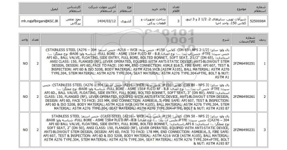 استعلام شیرآلات توپی، سایزهای 2، 1/2 2 و 3 اینچ، کلاس 150، واحد احیا
