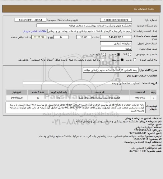 استعلام بیمه تکمیلی کارکنان دانشکده علوم پزشکی مراغه