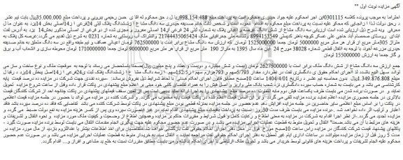 مزایده سه دانگ مشاع از شش دانگ عرصه و اعیانی پلاک به شماره ثبتی 24 فرعی از14 اصلی مفروز و مجزی شده از دو فرعی از اصلی