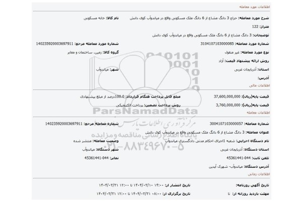 مزایده، 3 دانگ مشاع از 6 دانگ ملک مسکونی واقع در میاندوآب کوی دانش