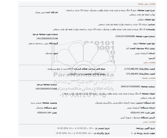 مزایده، 6 دانگ عرصه و اعیان واحد تجاری واقع در میاندوآب خیابان 15 خرداد ساختمان نورآسا طبقه اول واحد شمالی