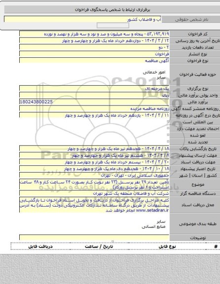 مناقصه, تأمین تعداد ۲۹ نفر پرسنل (۲۳ نفر نوبت کار بصورت ۲۴ ساعت کار و ۴۸ ساعت استراحت و ۶ نفر پرسنل روزکار)
