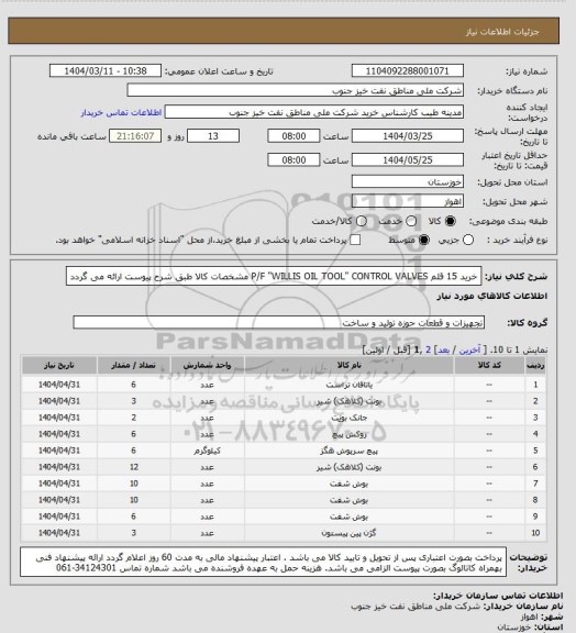 استعلام خرید 15 قلم P/F "WILLIS OIL TOOL" CONTROL VALVES
مشخصات کالا طبق شرح پیوست ارائه می گردد
