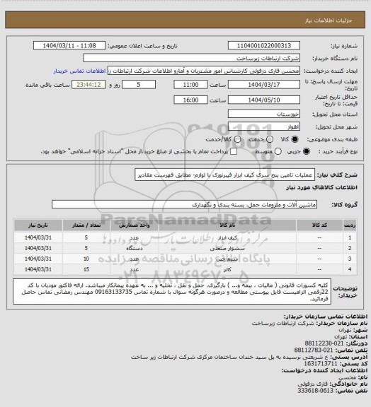 استعلام عملیات تامین پنج سری کیف ابزار فیبرنوری با لوازم- مطابق فهرست مقادیر
