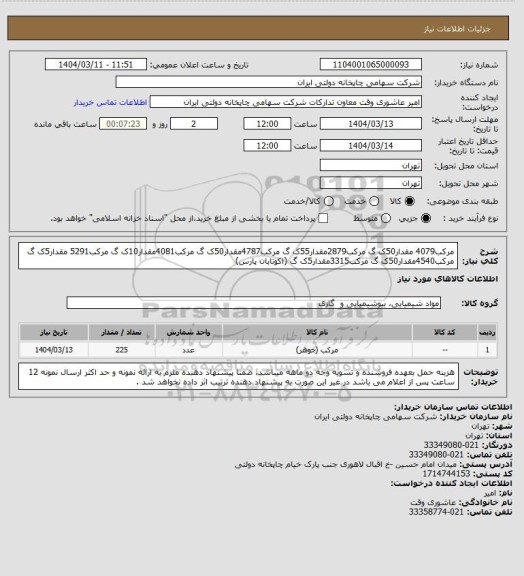 استعلام مرکب4079 مقدار50ک گ مرکب2879مقدار55ک گ مرکب4787مقدار50ک گ مرکب4081مقدار10ک گ مرکب5291 مقدار5ک گ مرکب4540مقدار50ک گ مرکب3315مقدار5ک گ (اکوتابان پارس)