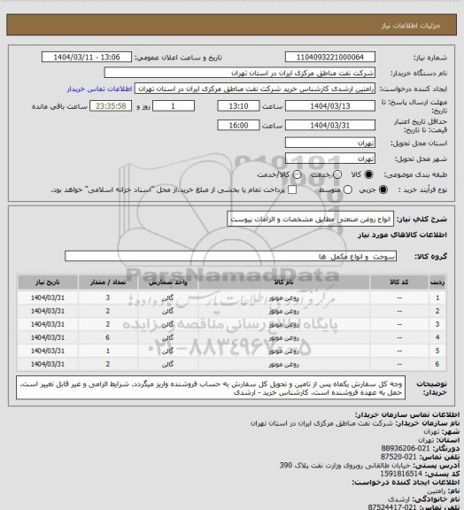 استعلام انواع روغن صنعتی مطابق مشخصات و الزامات پیوست