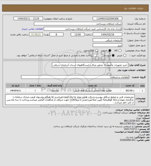 استعلام خرید تجهیزات مانیتورینگ تصاویر مراکز و ایستگاههای استان آذربایجان شرقی