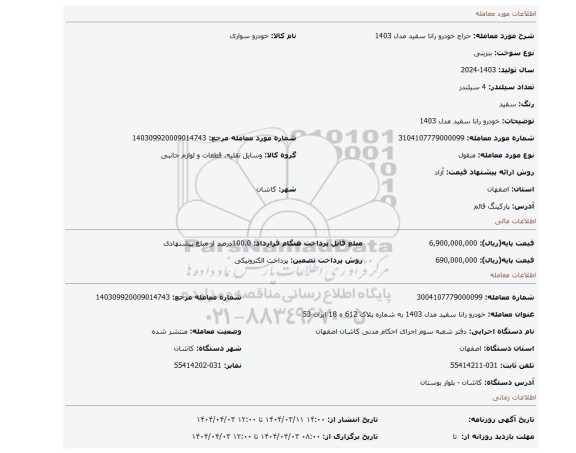 مزایده، خودرو رانا سفید مدل 1403