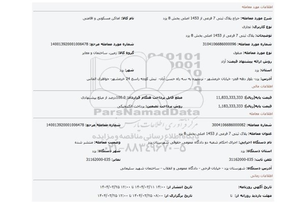 مزایده، پلاک ثبتی 7 فرعی از 1453 اصلی بخش 8 یزد