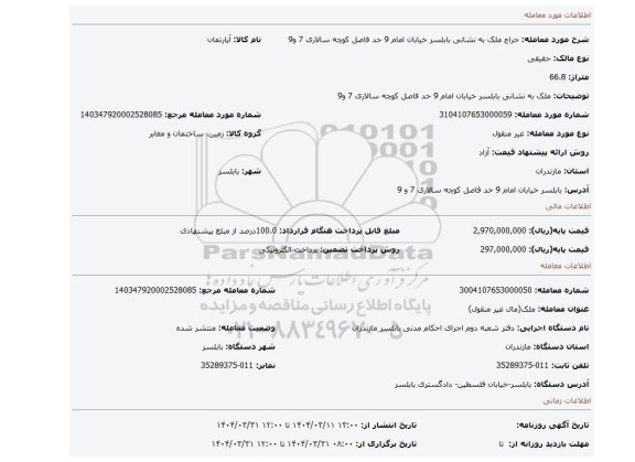 مزایده، ملک به نشانی بابلسر خیابان امام 9 حد فاصل کوچه سالاری 7 و9