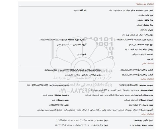 مزایده، اموال غیر منقول نوبت اول