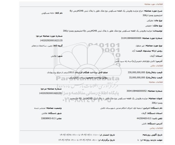 مزایده، مزایده وفروش یک قطعه مسکونی نوع ملک طلق با پلاک ثبتی 4248فرعی از8 اصلیمفروز ومجزا از306