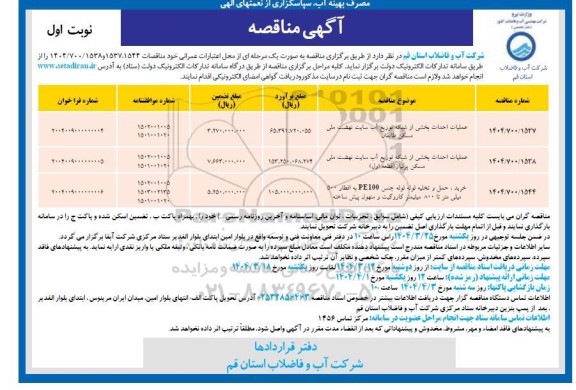 مناقصه عملیات احداث بخشی از شبکه توزیع آب سایت نهضت ملی ...