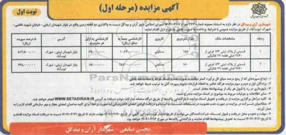 مزایده واگذاری دو قطعه زمین مسکونی