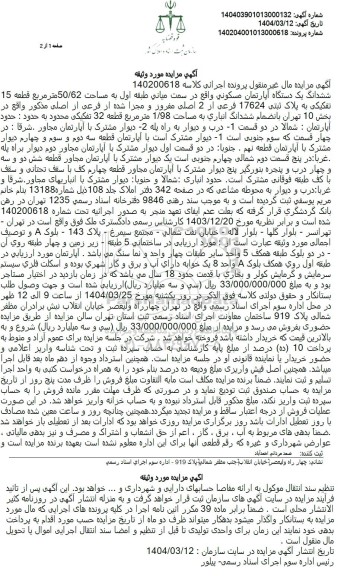 مزایده ششدانگ یک دستگاه آپارتمان مسکونی