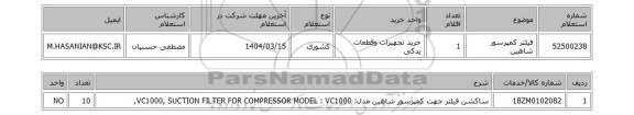 استعلام فیلتر کمپرسور شاهین