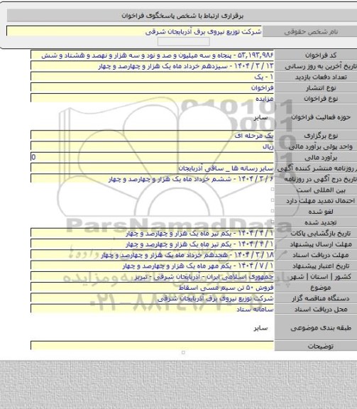 مزایده, فروش ۵۰ تن سیم مسی اسقاط