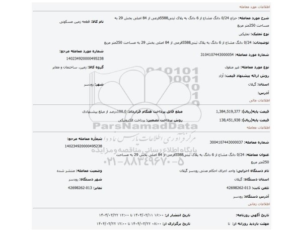 مزایده، 0/24 دانگ مشاع از 6 دانگ به پلاک ثبتی5588فرعی از 84 اصلی بخش 29 به مساحت 250متر مربع