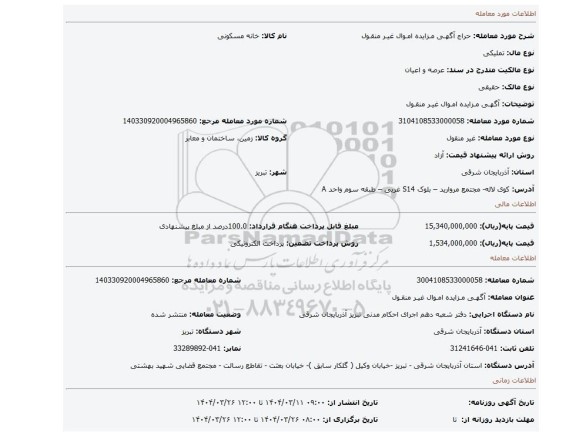 مزایده، آگهـی مـزایده امـوال غیـر منقـول