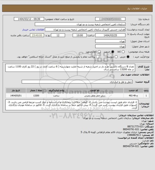 استعلام تعداد 8 دستگاه تاکسی طرح دار در اختیار شعبه از شنبه اغایت چهارشنبه ( 6 ساعت کاری در روز ) 22 روز کاری 1100 ساعت در ماه 13200 ساعت در سال