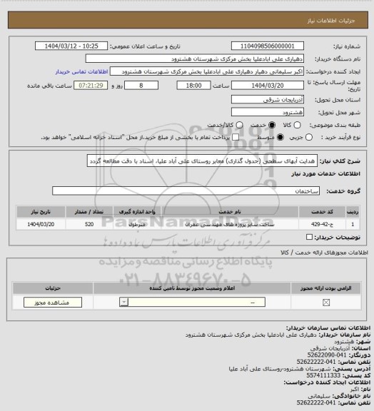 استعلام هدایت آبهای سطحی (جدول گذاری) معابر روستای علی آباد علیا، اسناد با دقت مطالعه گردد