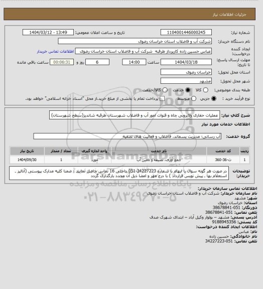 استعلام عملیات حفاری ولایروبی چاه و  قنوات امور آب و فاضلاب شهرستان طرقبه شاندیز(سطح شهرستان)