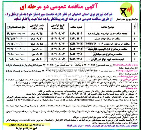 مناقصه خرید انواع پایه بتونی نوع گرد....