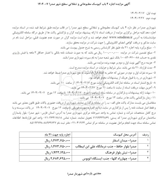 مزایده اجاره 4 باب کیوسک مطبوعاتی و تنقلاتی سطح شهر