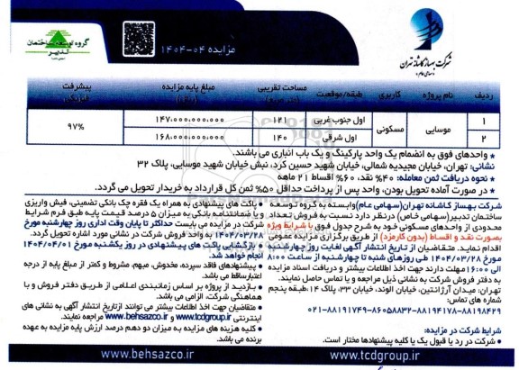 مزایده فروش تعداد محدودی از واحدهای مسکونی 