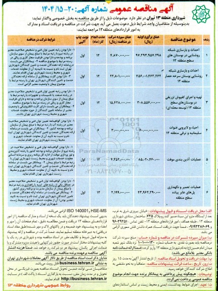 مناقصه احداث و بازسازی شبکه روشنایی در بوستان های سطح منطقه ...