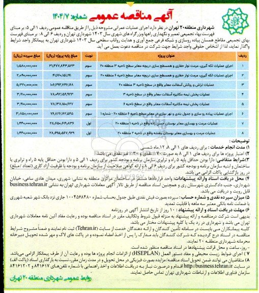 مناقصه اجرای عملیات لکه گیری مرمت نوار حفاری و همسطح سازی ...