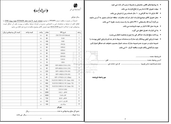 استعلام خرید 90 عدد شلف PTN6150 