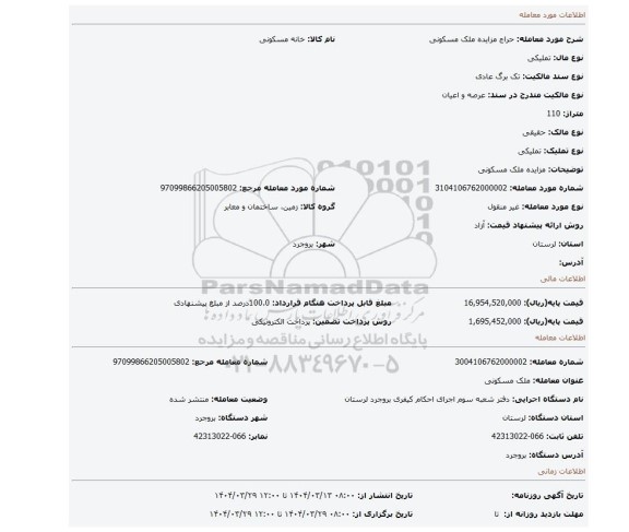 مزایده، مزایده ملک مسکونی