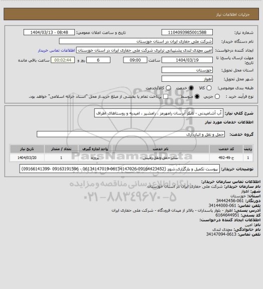 استعلام آّب آشامیدنی - تانکر آبرسان رامهرمز ، رامشیر ، امیدیه و روستاهای اطراف