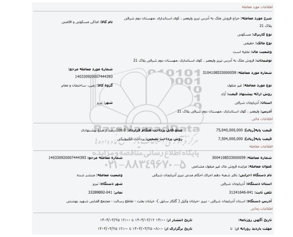 مزایده، فروش ملک به آدرس تبریز ولیعصر ، کوی استانداری ،مهستان دوم شرقی پلاک 21