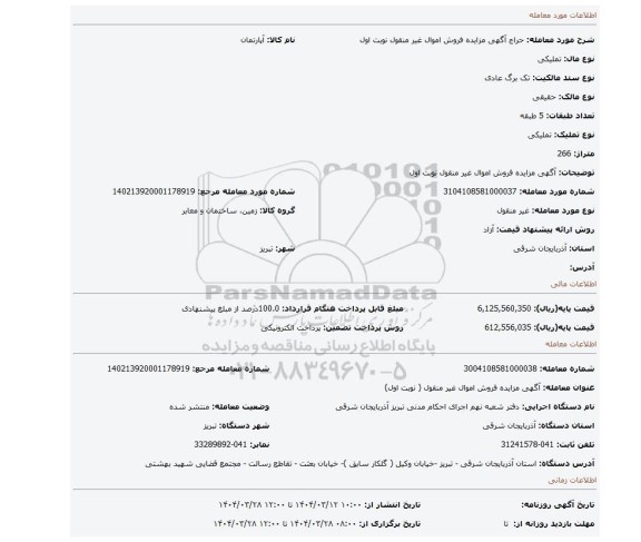 مزایده، آگهی مزایده فروش اموال غیر منقول نوبت اول