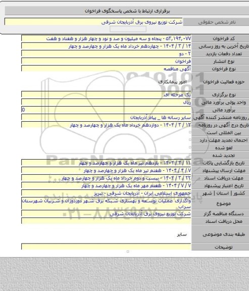 مناقصه, واگذاری عملیات توسعه و بهسازی شبکه برق شهر دوزدوزان و شربیان شهرستان سراب