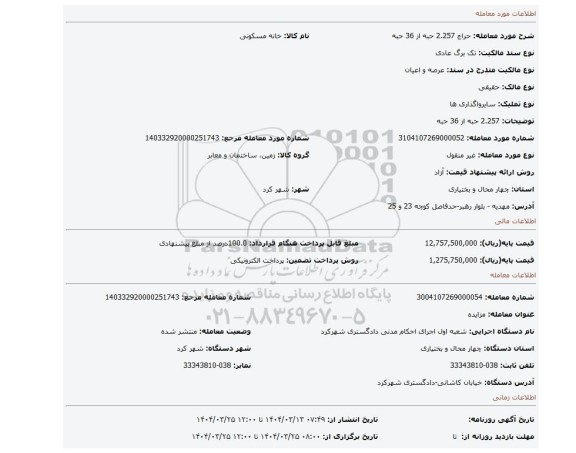 مزایده، 2.257 حبه از 36 حبه